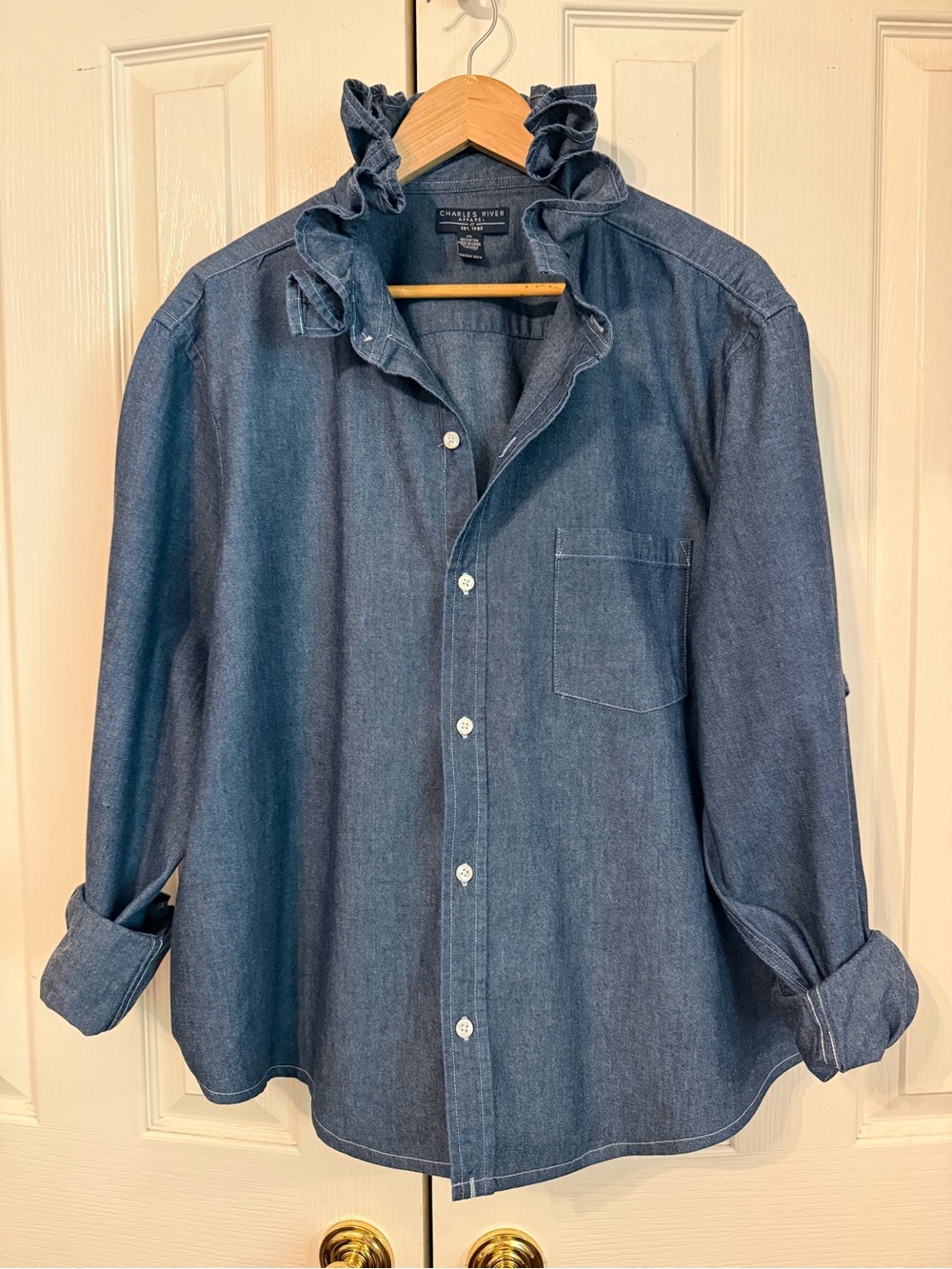 Chambray Ruffle Collar Button-Up Shirt in Denim Blue